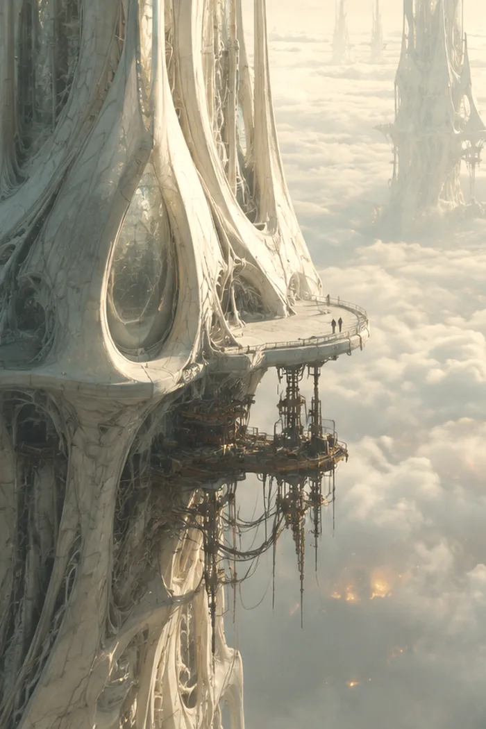 A walkway on a Chiral tower nine kilometres up, two tiny figures on it, with a crude welded service gantry bolted to the underside and the orange glow of industry showing through the clouds far below.